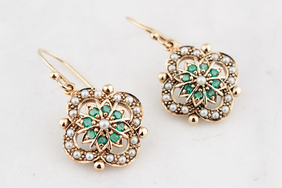 ANTIQUE EDWARDIAN EMERALD & SEED PEARL EARRINGS 9ct GOLD