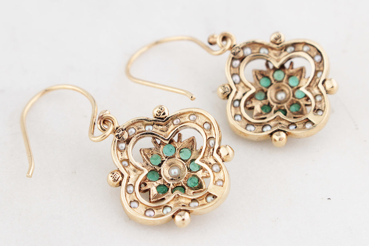 ANTIQUE EDWARDIAN EMERALD & SEED PEARL EARRINGS 9ct GOLD