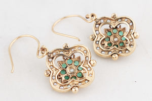 ANTIQUE EDWARDIAN EMERALD & SEED PEARL EARRINGS 9ct GOLD