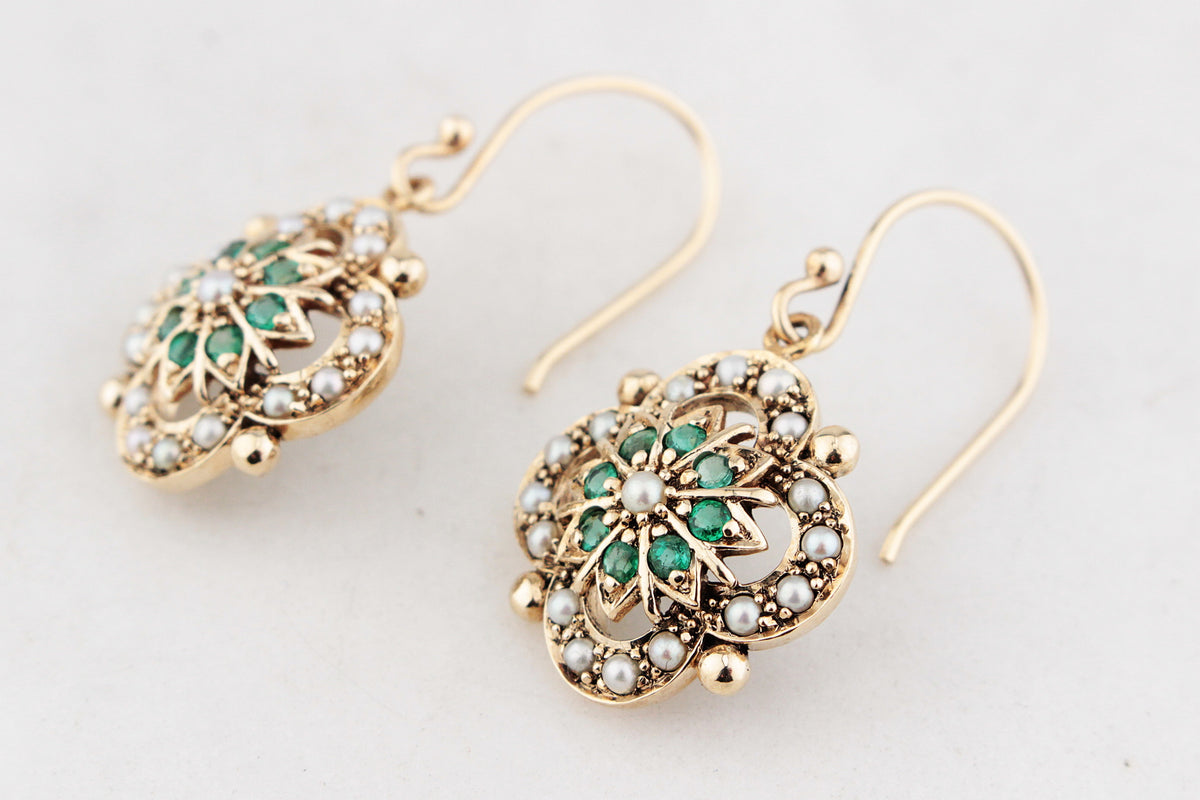 ANTIQUE EDWARDIAN EMERALD & SEED PEARL EARRINGS 9ct GOLD