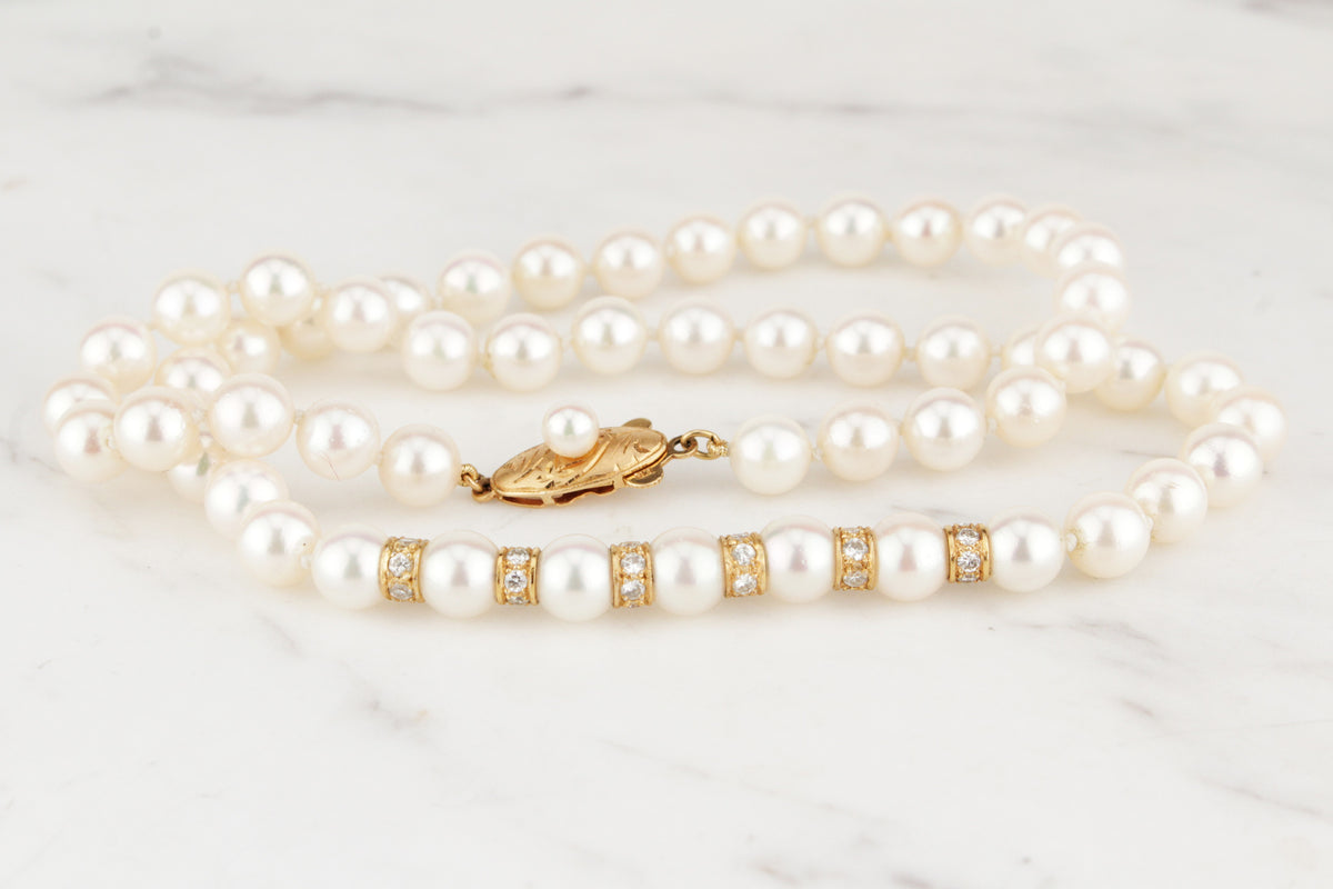 VINTAGE 1940’s .90ct DIAMOND &amp; PEARL NECKLACE 18ct GOLD