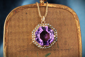 ANTIQUE VICTORIAN AMETHYST & SEED PEARL PENDANT 9ct GOLD