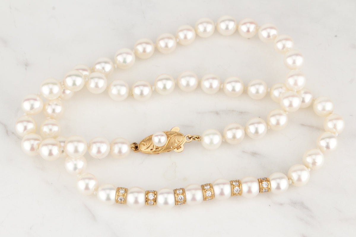 VINTAGE 1940’s .90ct DIAMOND &amp; PEARL NECKLACE 18ct GOLD