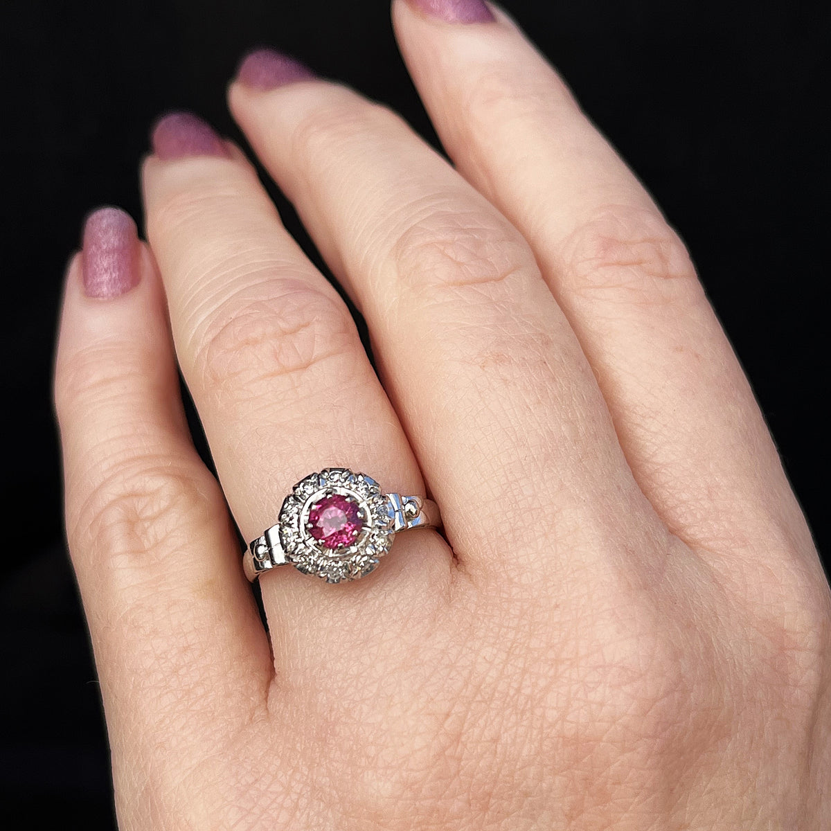 VINTAGE c1930 RUBY &amp; DIAMOND HALO RING 18ct GOLD