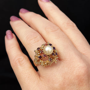 VINTAGE MID CENTURY c1960 PEARL & GARNET RING 9ct GOLD