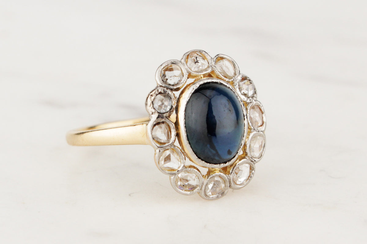 ANTIQUE EDWARDIAN CABOCHON SAPPHIRE &amp; DIAMOND HALO RING 18ct GOLD