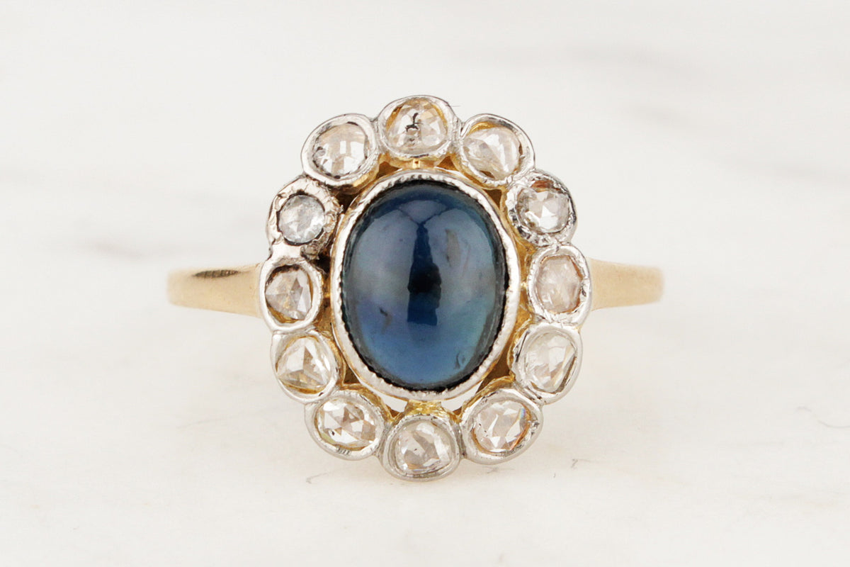 ANTIQUE EDWARDIAN CABOCHON SAPPHIRE &amp; DIAMOND HALO RING 18ct GOLD