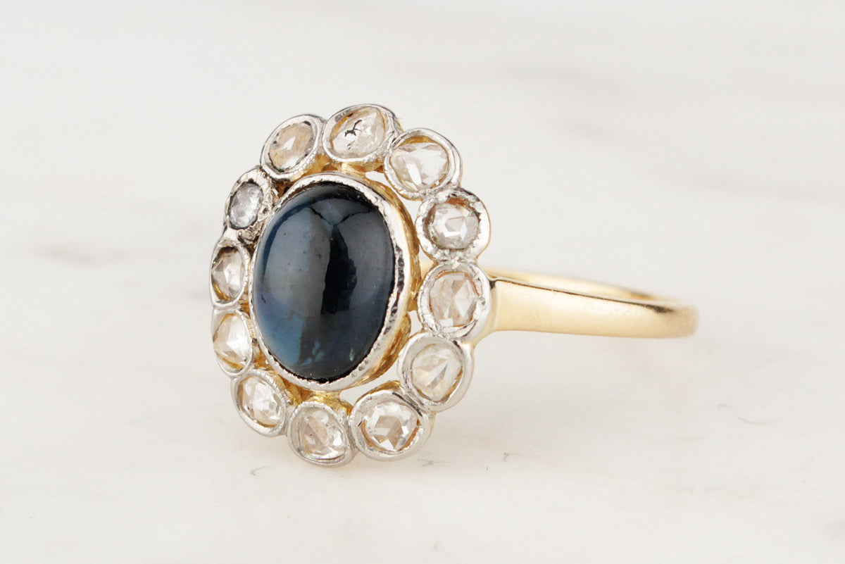 ANTIQUE EDWARDIAN CABOCHON SAPPHIRE &amp; DIAMOND HALO RING 18ct GOLD