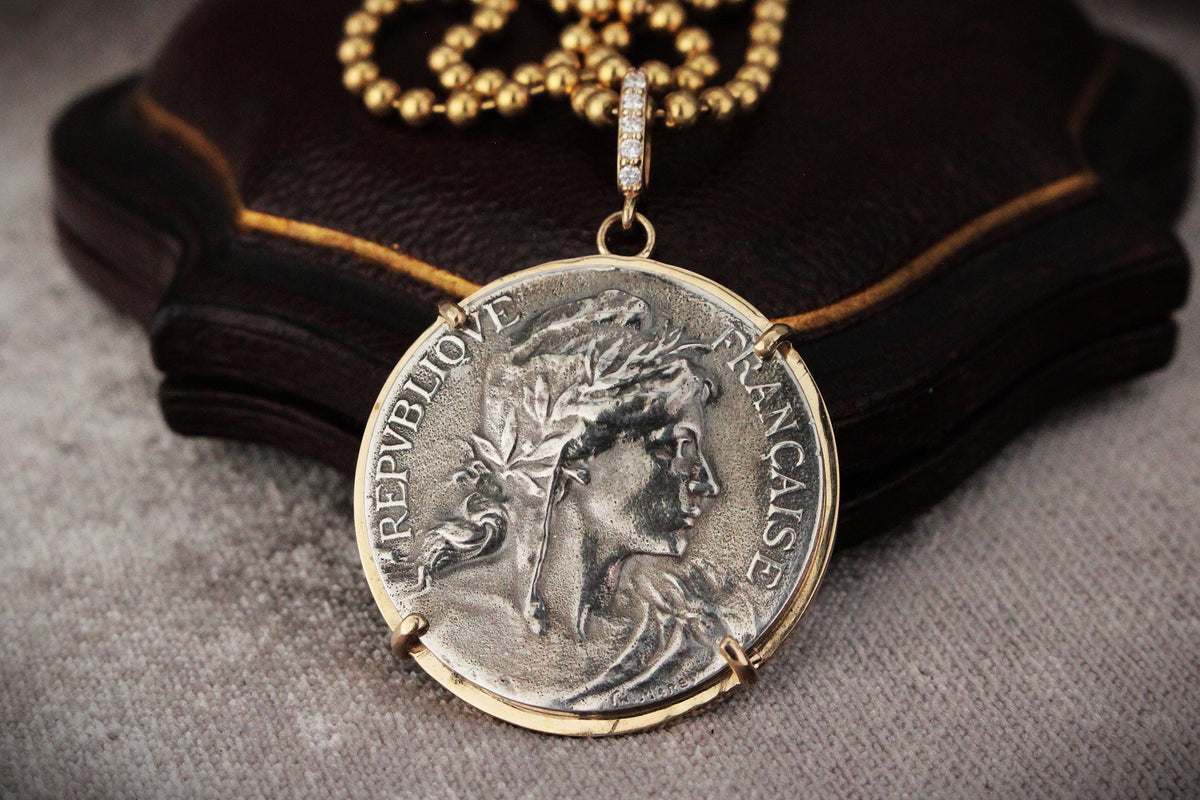 SILVER FRENCH MARITIME MEDAL PENDANT DIAMOND & 9ct GOLD