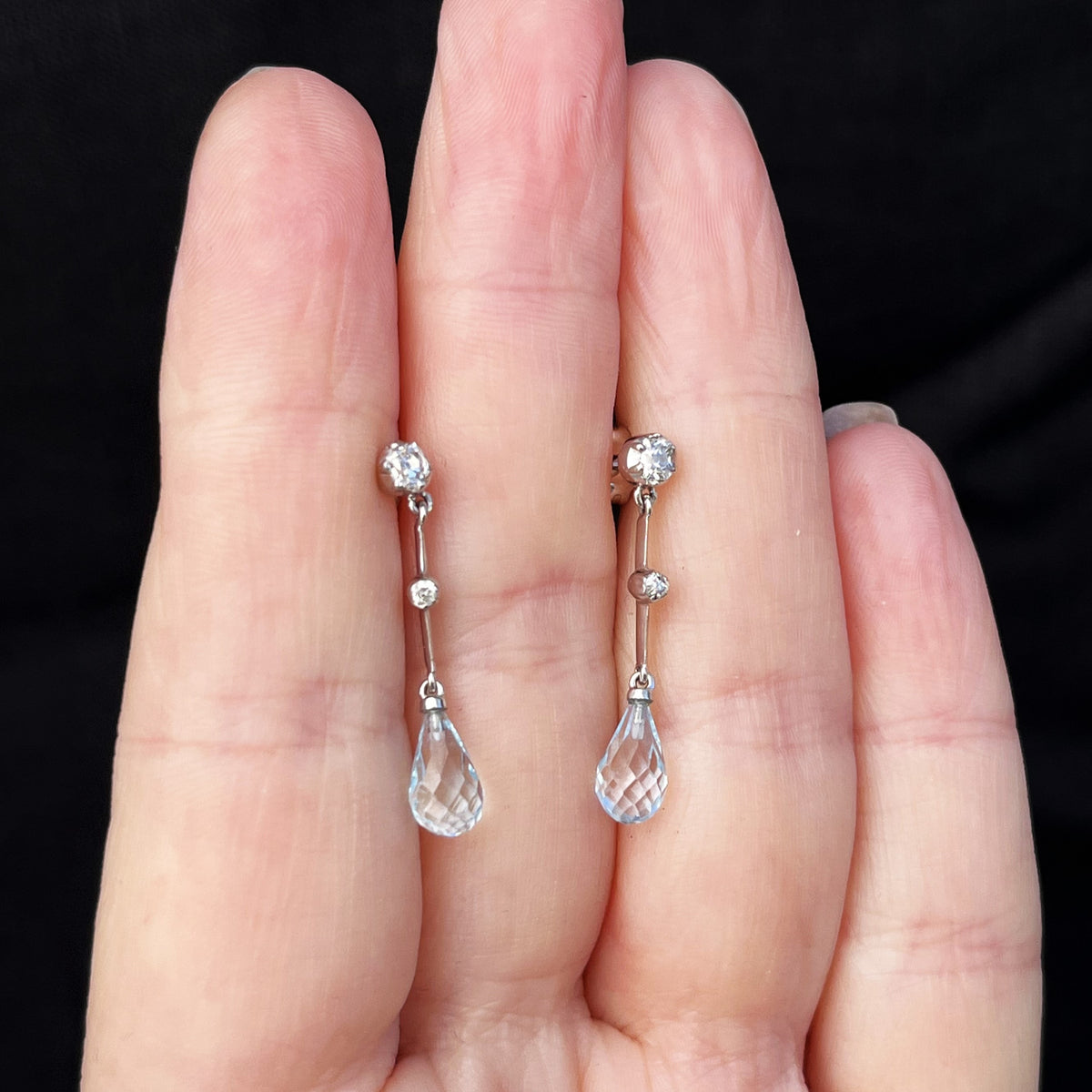 ANTIQUE c1920 DIAMOND &amp; TOPAZ EARRINGS 9ct WHITE GOLD