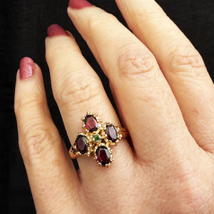 MID-CENTURY EMERALD & GARNET RING 9ct GOLD