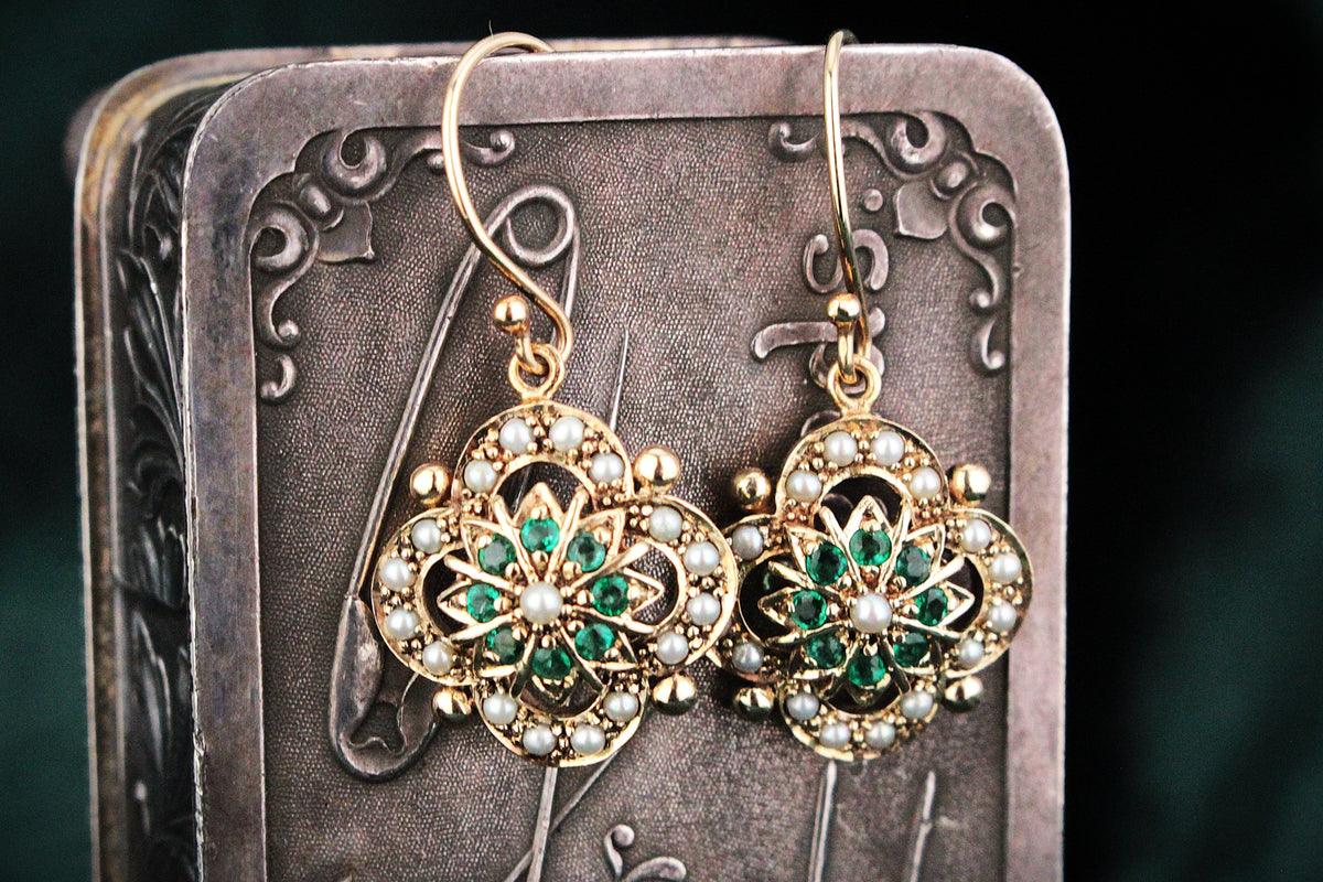 ANTIQUE EDWARDIAN EMERALD & SEED PEARL EARRINGS 9ct GOLD