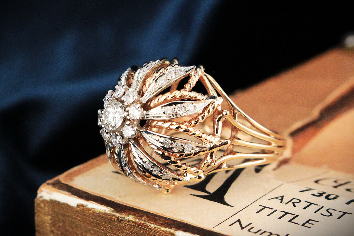 VINTAGE 1940’s .93CT DIAMOND BOMBE RING 14ct GOLD