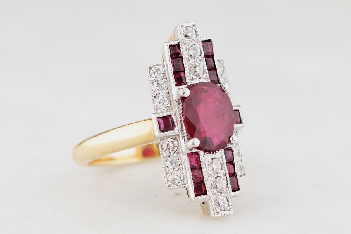 ART DECO PIGEON BLOOD RUBY & DIAMOND RING 18ct GOLD