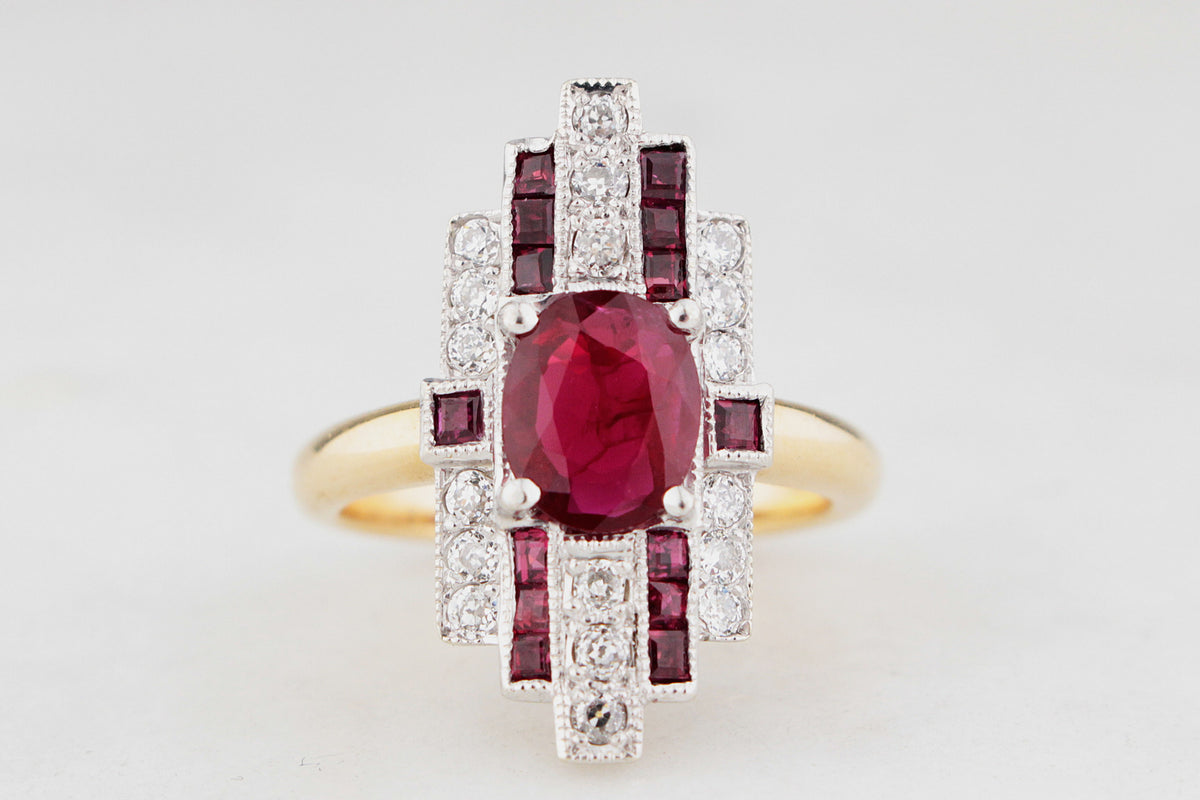 ART DECO PIGEON BLOOD RUBY & DIAMOND RING 18ct GOLD