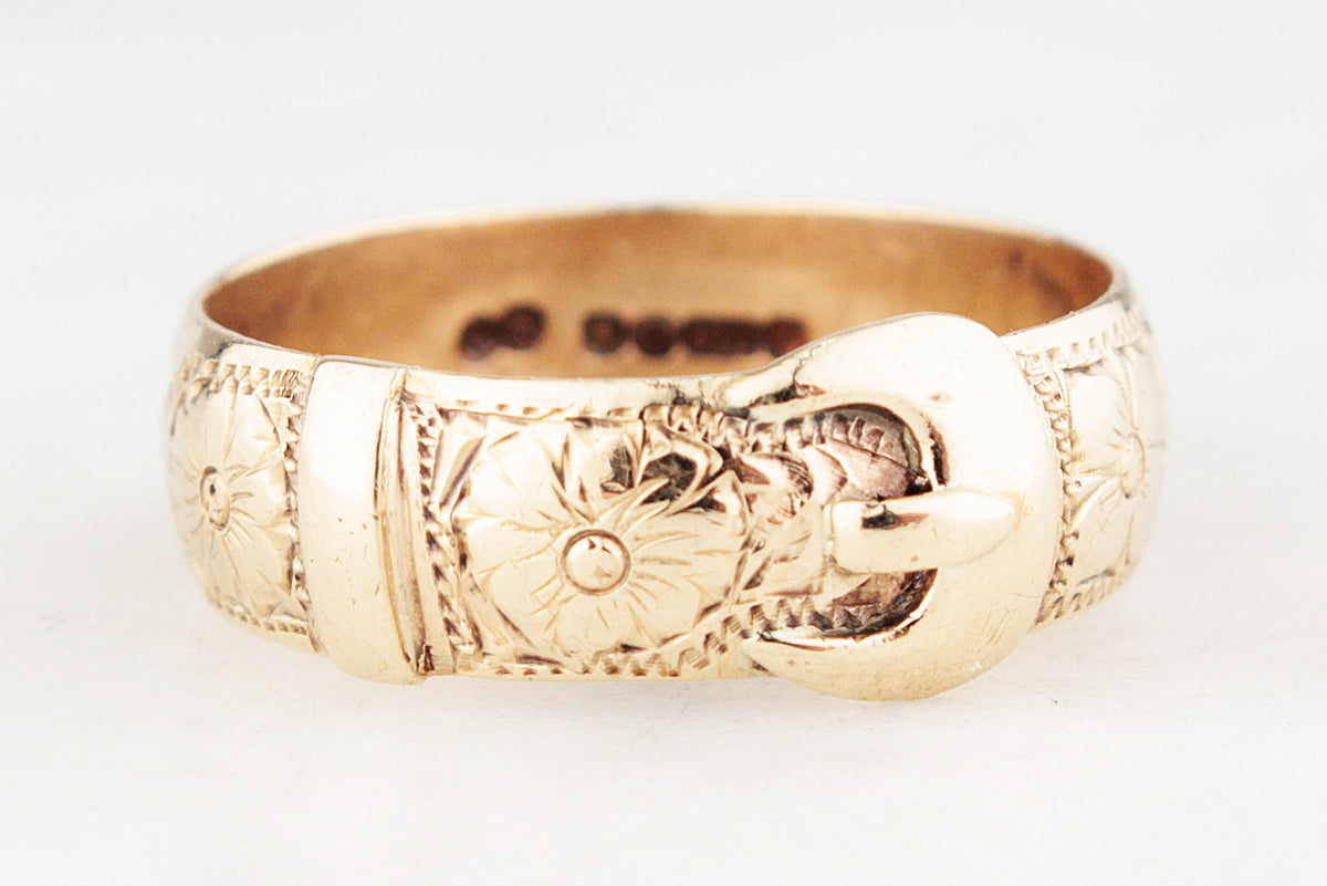 ANTIQUE EDWARDIAN 1902 FLORAL ETCHED BUCKLE RING 9ct GOLD