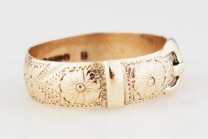 ANTIQUE EDWARDIAN 1902 FLORAL ETCHED BUCKLE RING 9ct GOLD