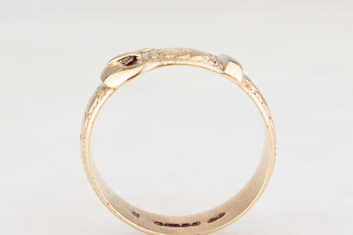 ANTIQUE EDWARDIAN 1902 FLORAL ETCHED BUCKLE RING 9ct GOLD