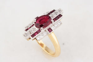 ART DECO PIGEON BLOOD RUBY & DIAMOND RING 18ct GOLD