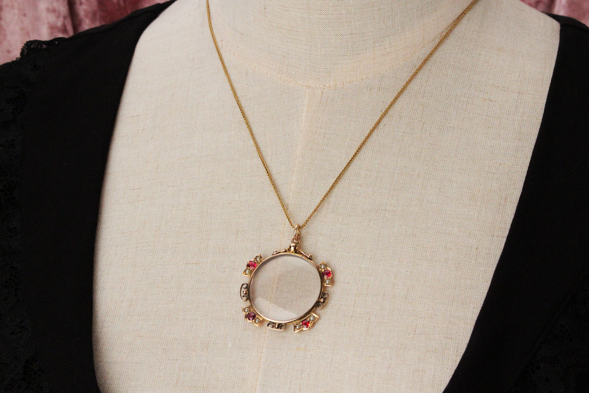 ANTIQUE EDWARDIAN RUBY &amp; SEED PEARL GLASS LOCKET IN 9ct GOLD