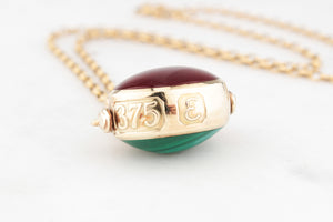 VINTAGE DOUBLE-SIDED CARNELIAN & MALACHITE FOB SPINNER 9ct GOLD