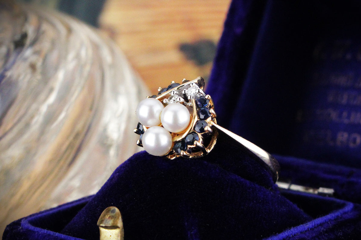 RETRO SAPPHIRE, DIAMOND &amp; PEARL RING IN 14ct GOLD