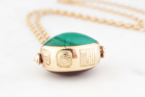 VINTAGE DOUBLE-SIDED CARNELIAN & MALACHITE FOB SPINNER 9ct GOLD