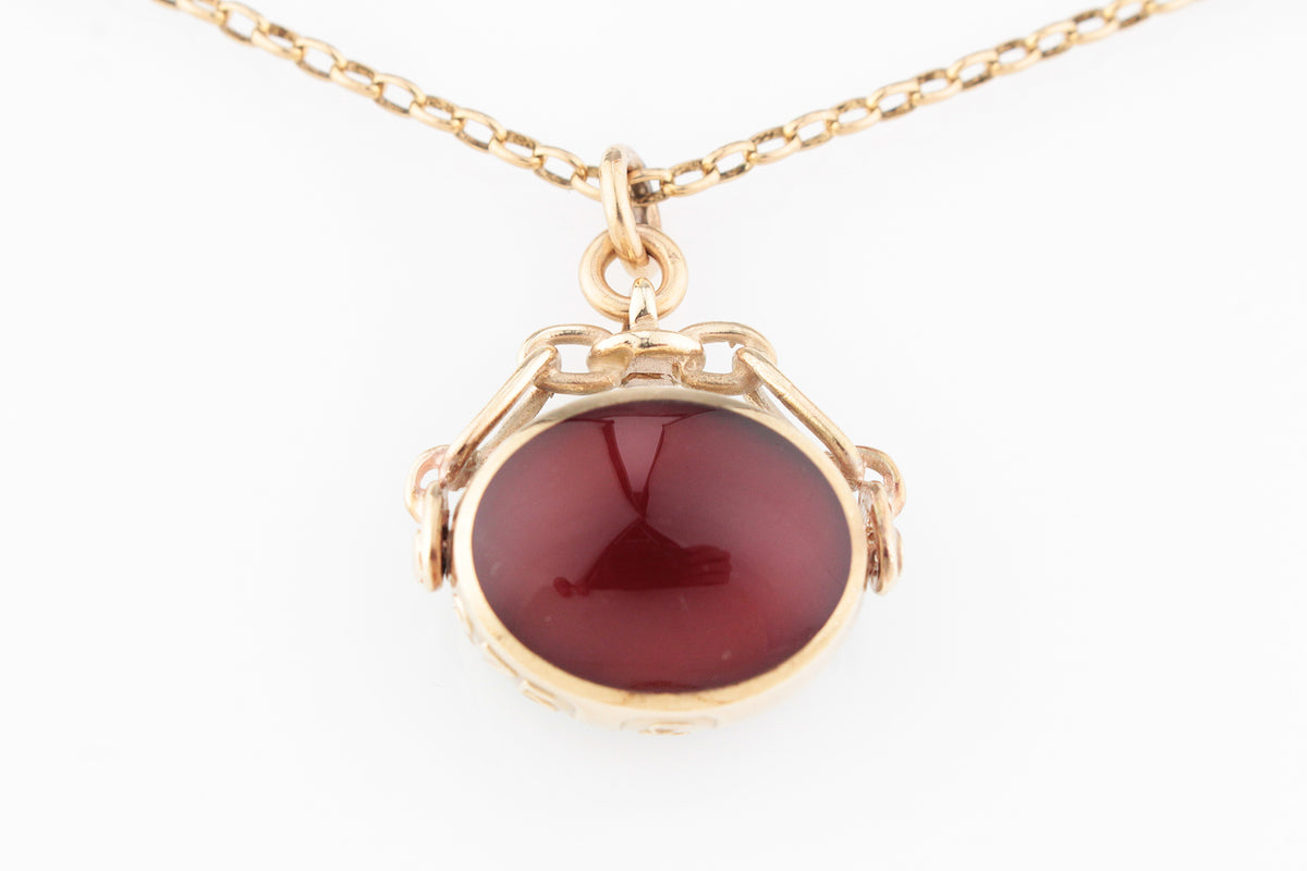 VINTAGE DOUBLE-SIDED CARNELIAN & MALACHITE FOB SPINNER 9ct GOLD