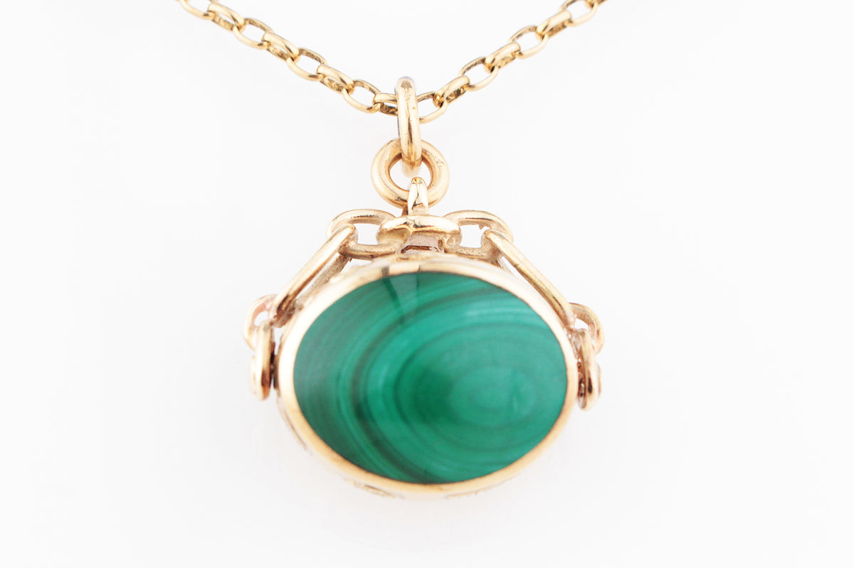 VINTAGE DOUBLE-SIDED CARNELIAN & MALACHITE FOB SPINNER 9ct GOLD