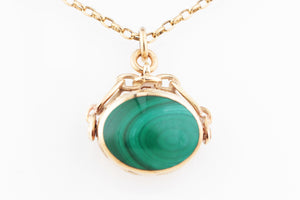 VINTAGE DOUBLE-SIDED CARNELIAN & MALACHITE FOB SPINNER 9ct GOLD
