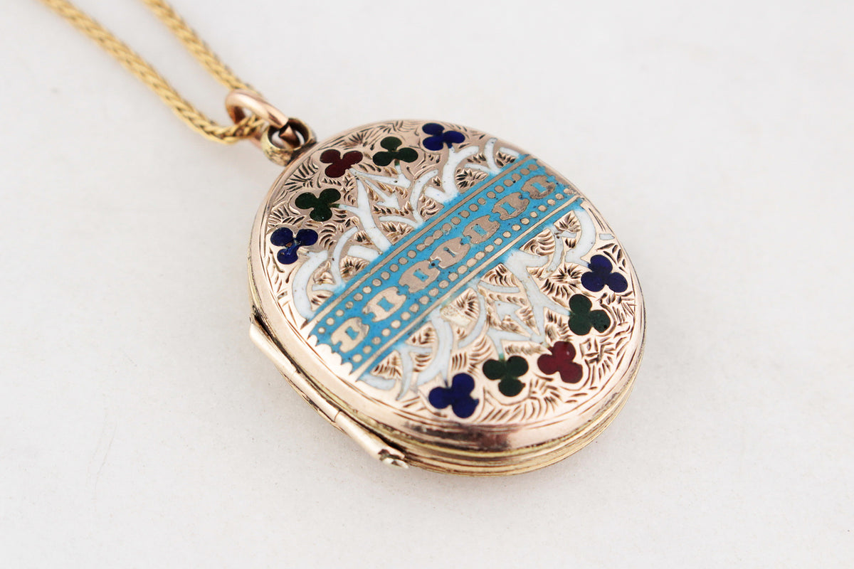 ANTIQUE EDWARDIAN ETCHED ENAMEL LOCKET 9ct GOLD