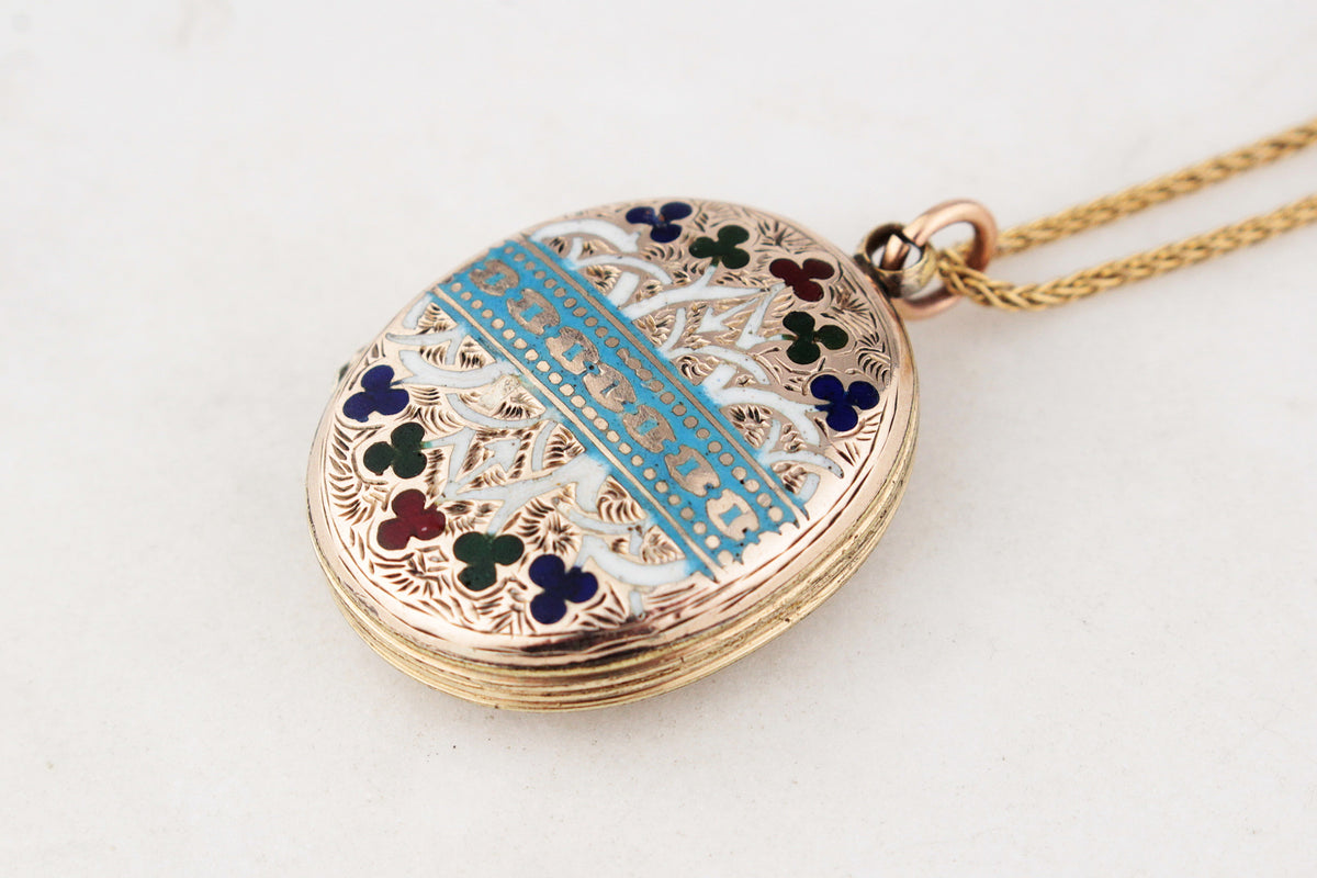 ANTIQUE EDWARDIAN ETCHED ENAMEL LOCKET 9ct GOLD