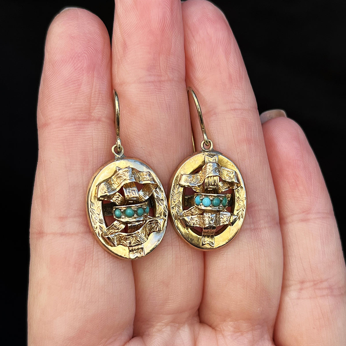 ANTIQUE VICTORIAN c1840-60 TURQUOISE EARRINGS 9ct GOLD