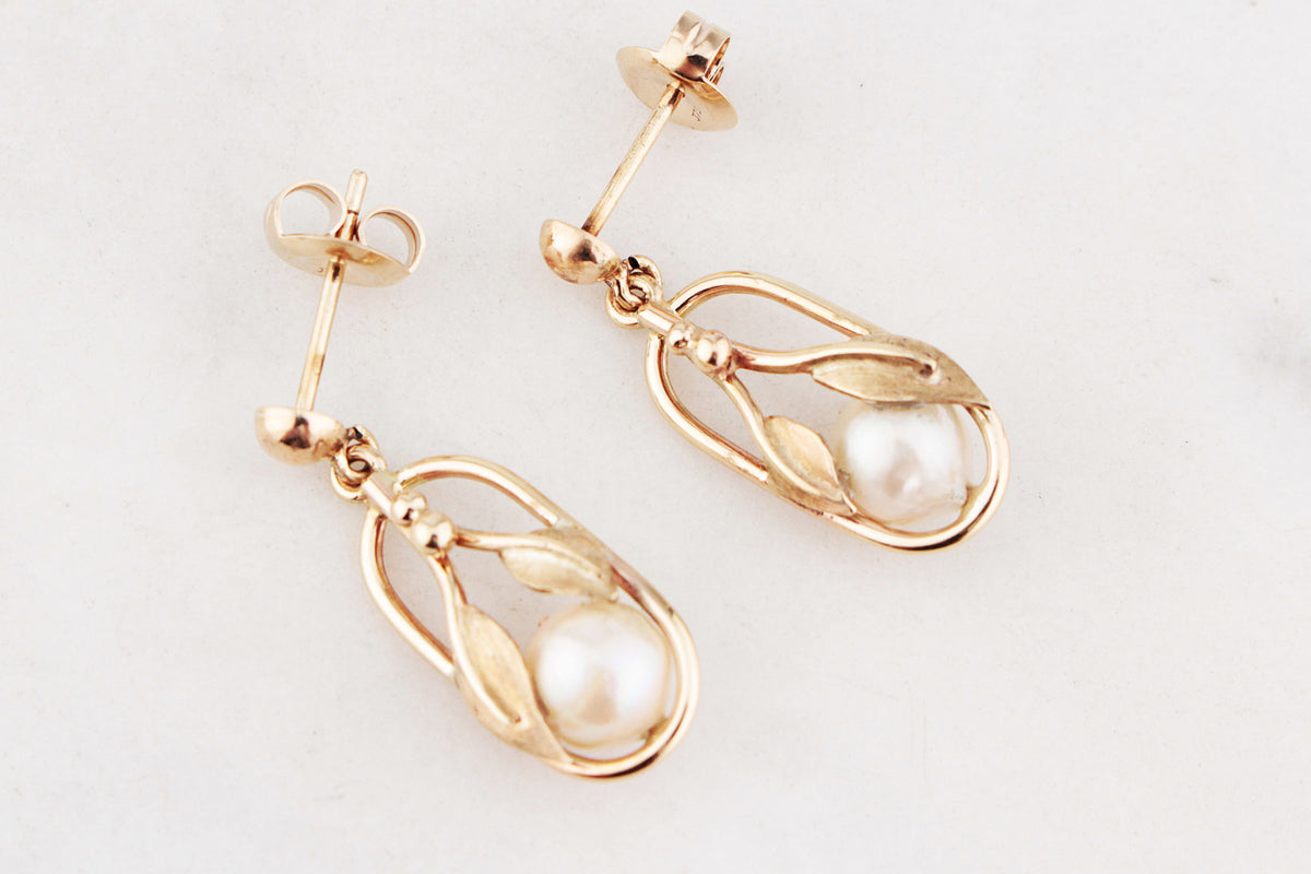 ANTIQUE ART NOUVEAU AKOYA PEARL EARRINGS 9ct GOLD