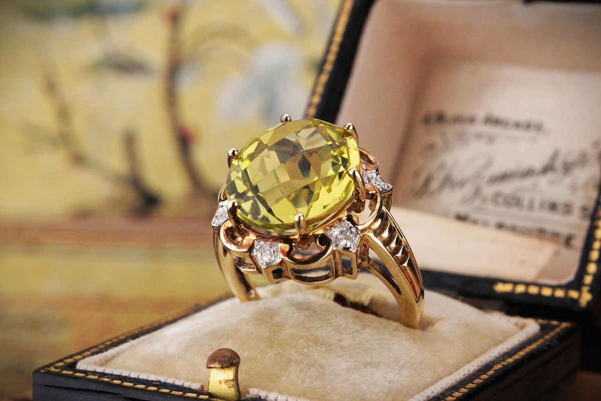 RETRO 8.2ct CITRINE &amp; DIAMOND RING IN 9ct GOLD