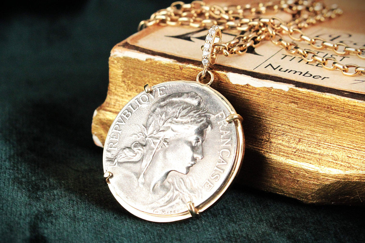 SILVER FRENCH MARITIME MEDAL PENDANT DIAMOND &amp; 9ct GOLD