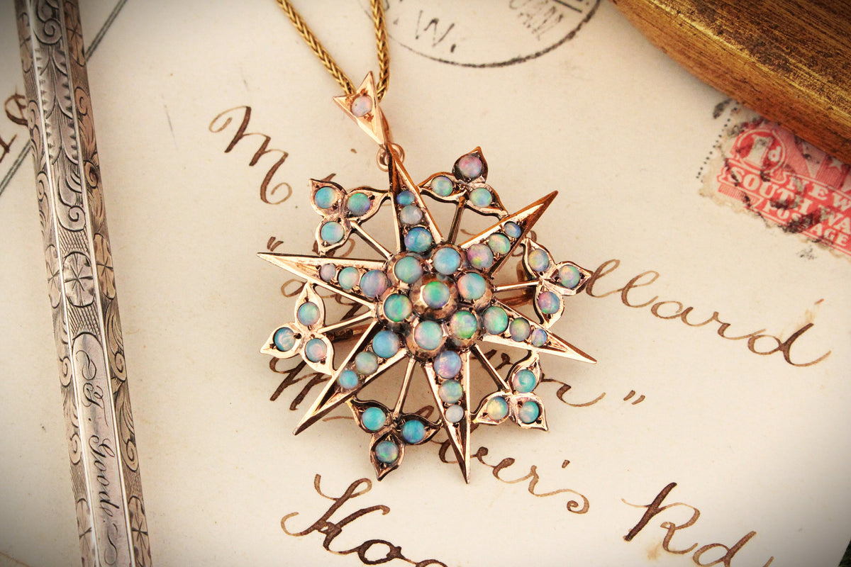 ANTIQUE EDWARDIAN OPAL STARBURST PENDANT/BROOCH IN 15ct GOLD