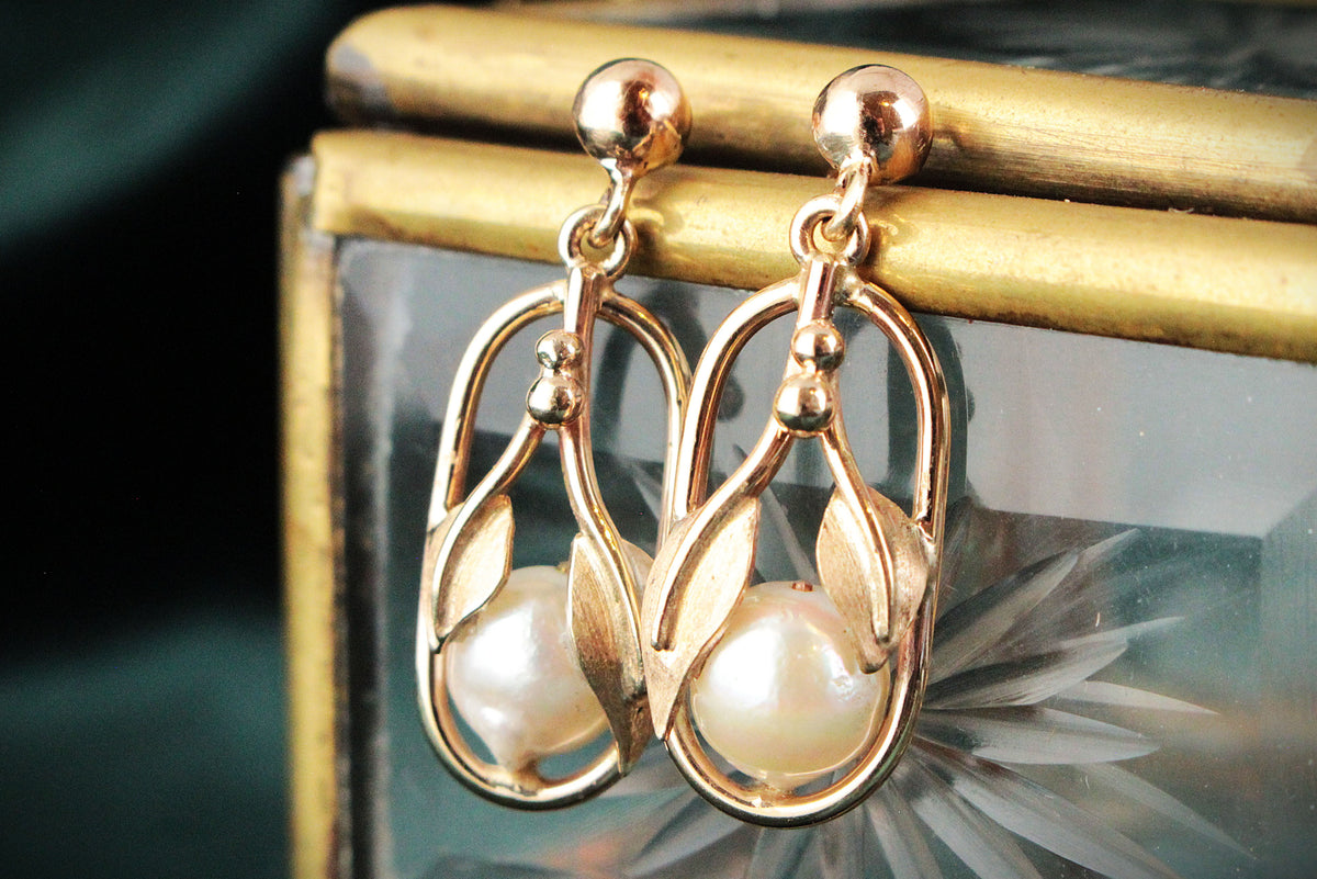 ANTIQUE ART NOUVEAU AKOYA PEARL EARRINGS 9ct GOLD