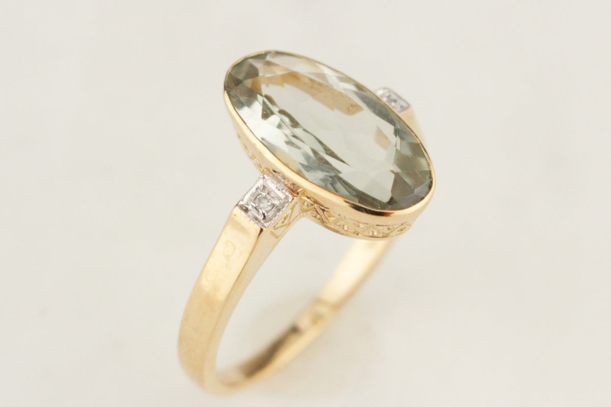 MODERN PRASIOLITE & DIAMOND RING 9ct YELLOW GOLD