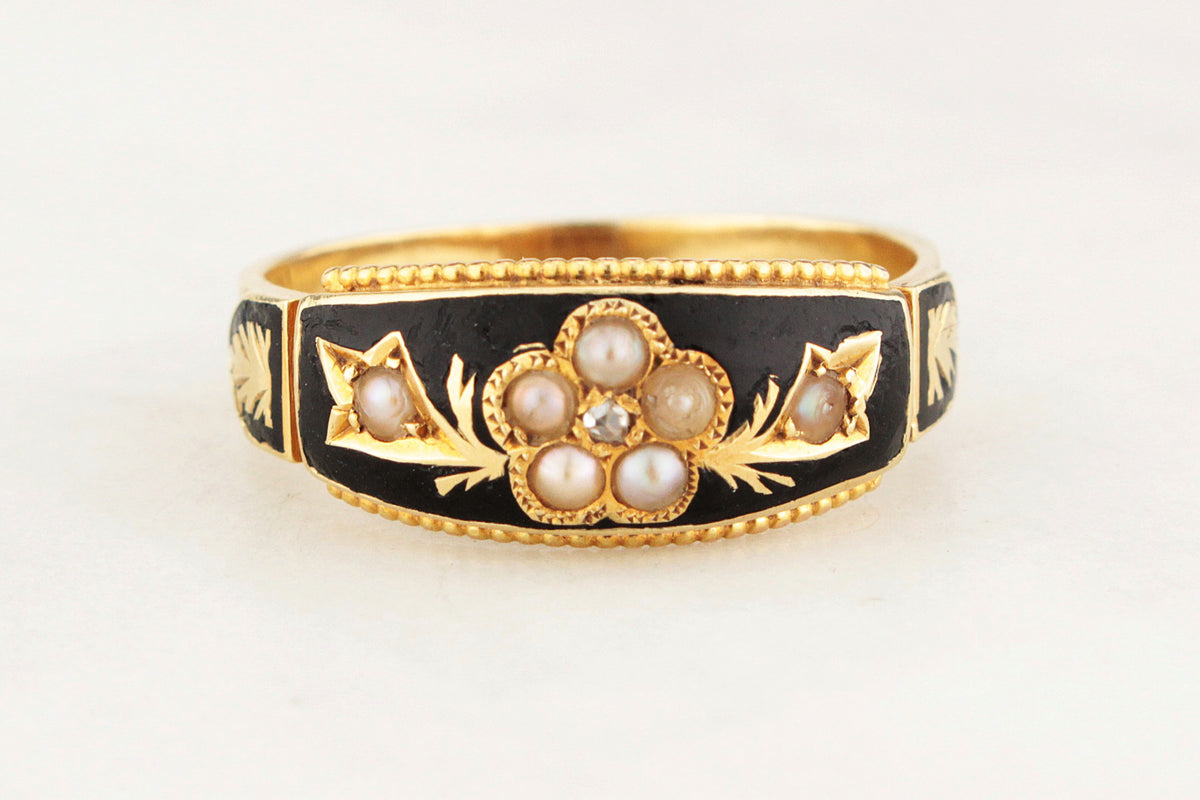 EDWARDIAN 1904 DIAMOND &amp; SEED PEARL MOURNING RING 15ct GOLD