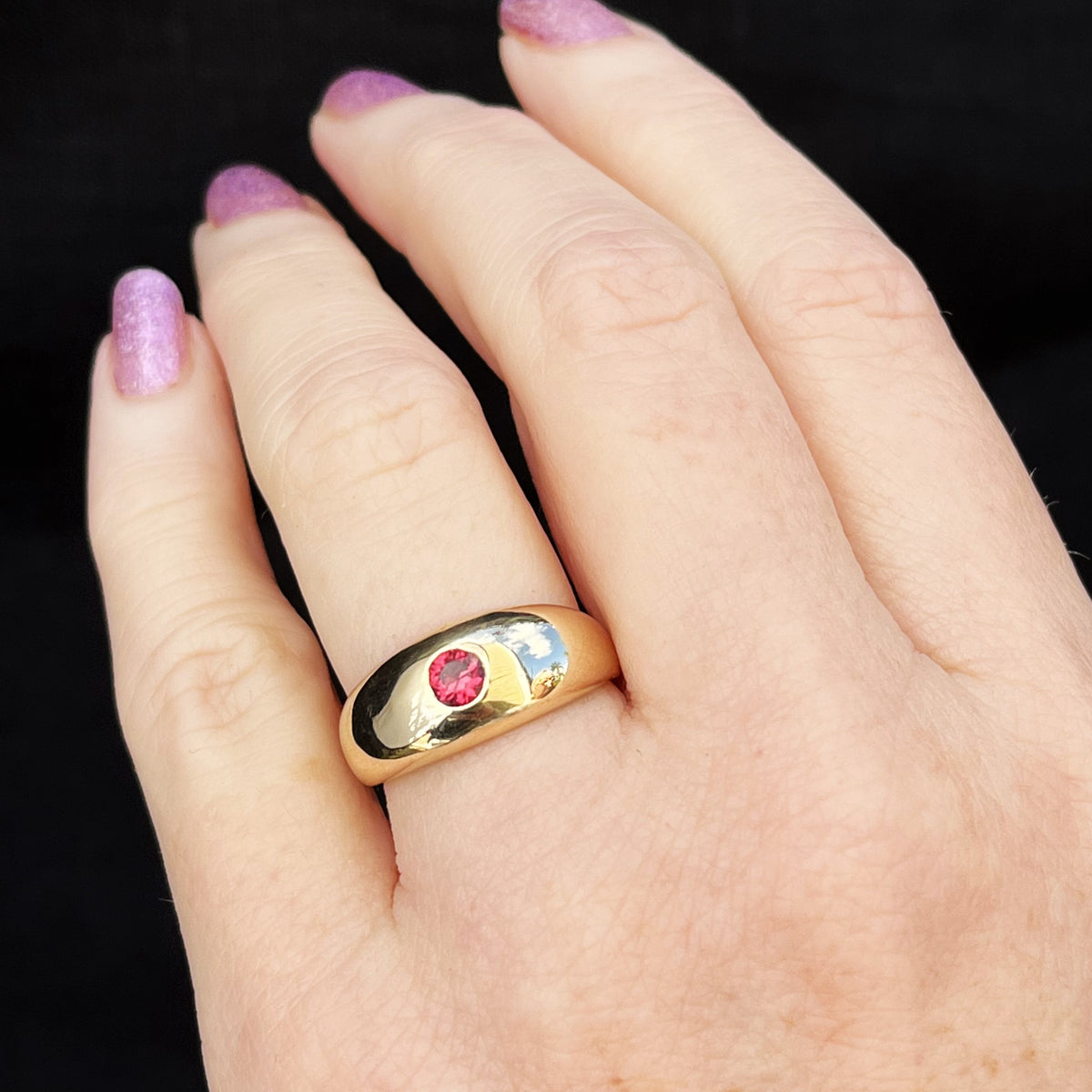 R&amp;V BESPOKE FLUSH SET RED TOURMALINE RING 9ct GOLD