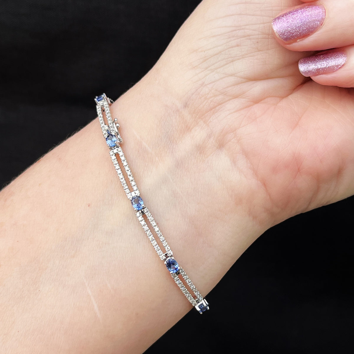VINTAGE ESTATE CEYLON SAPPHIRE & DIAMOND BRACELET 14ct WHITE GOLD