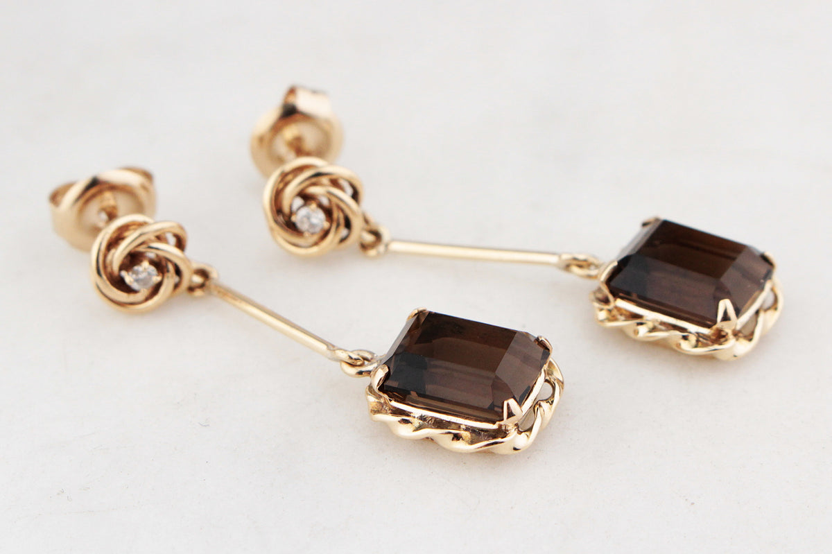 VINTAGE DIAMOND & SMOKY QUARTZ EARRINGS 14 & 9ct GOLD