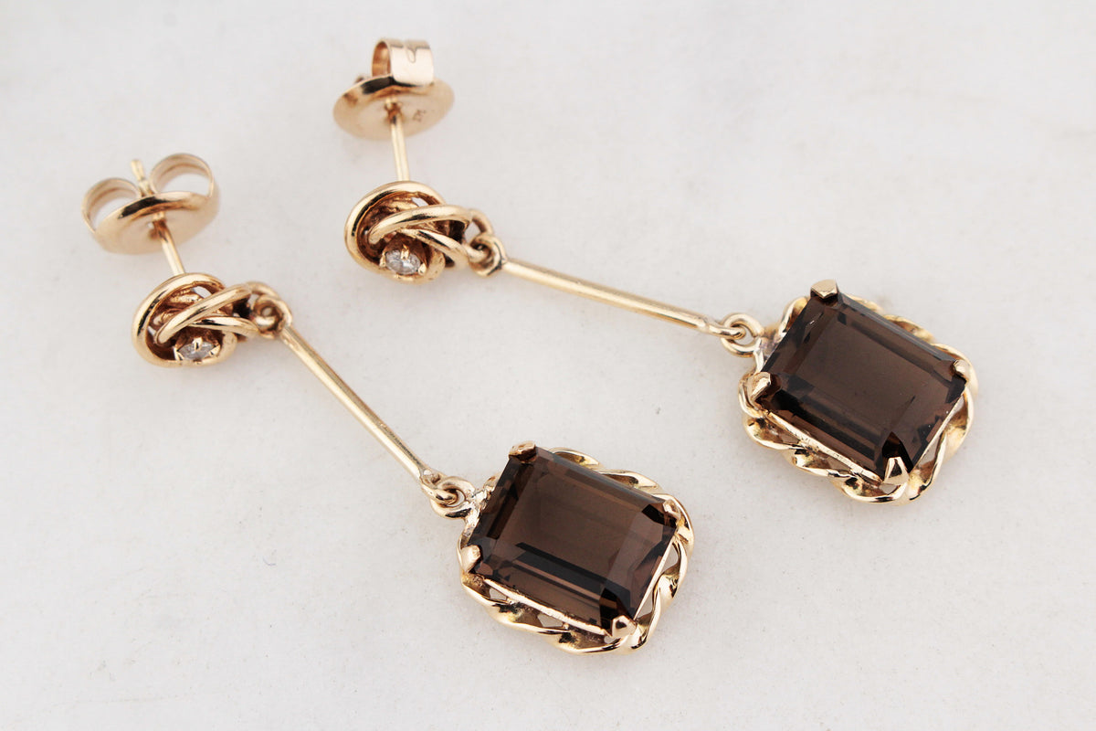VINTAGE DIAMOND & SMOKY QUARTZ EARRINGS 14 & 9ct GOLD