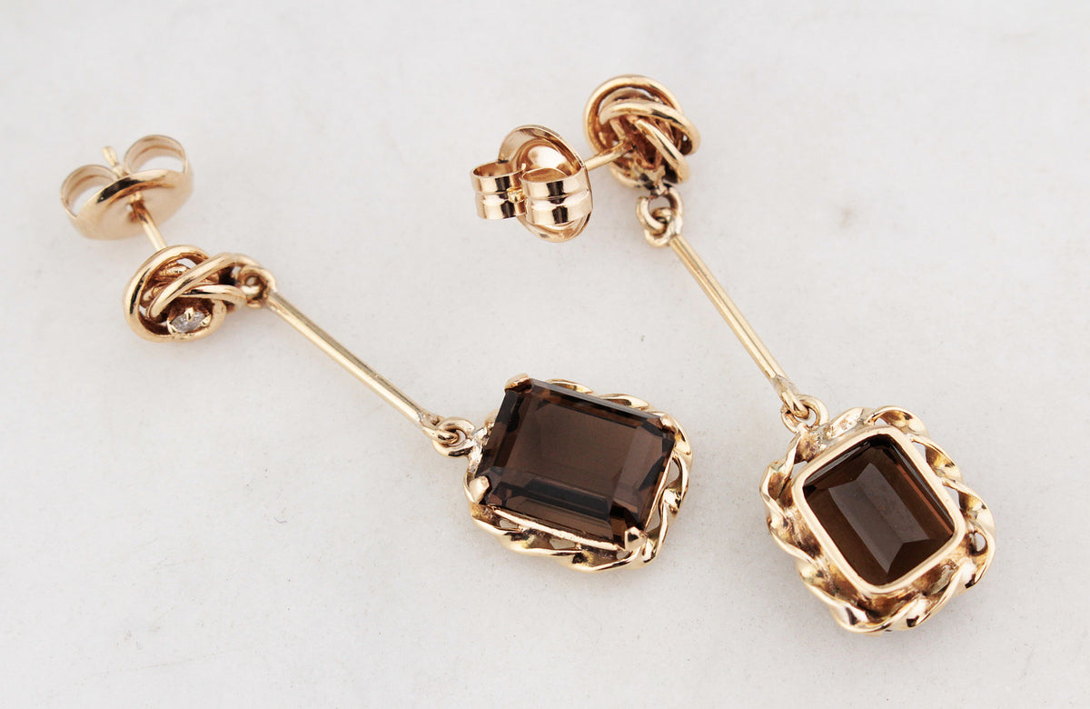 VINTAGE DIAMOND & SMOKY QUARTZ EARRINGS 14 & 9ct GOLD