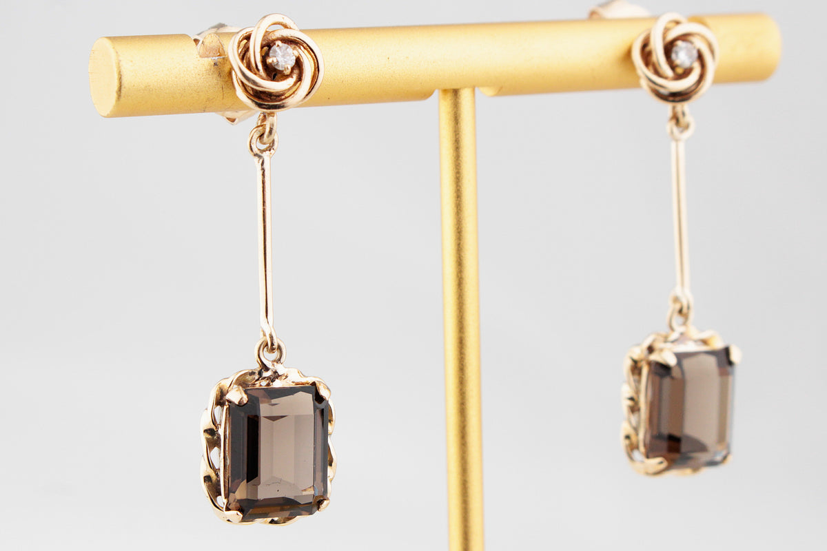 VINTAGE DIAMOND & SMOKY QUARTZ EARRINGS 14 & 9ct GOLD