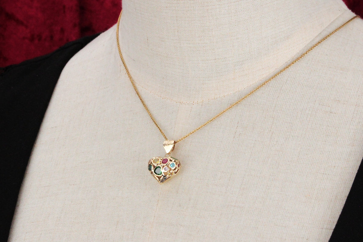 VINTAGE ITALIAN MULTI-GEM SET HEART PENDANT 9ct GOLD