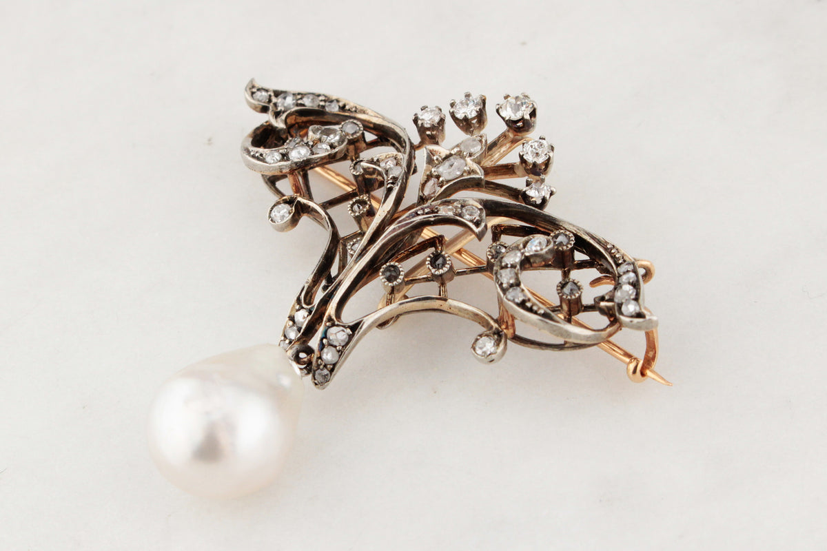 VICTORIAN c1880 DIAMOND &amp; PEARL BROOCH/PENDANT 9ct ROSE GOLD &amp; SILVER