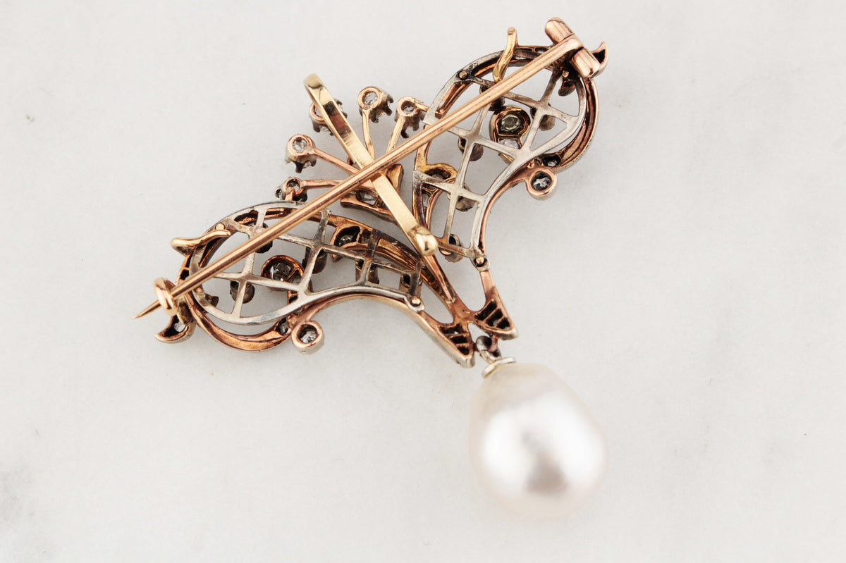 VICTORIAN c1880 DIAMOND &amp; PEARL BROOCH/PENDANT 9ct ROSE GOLD &amp; SILVER