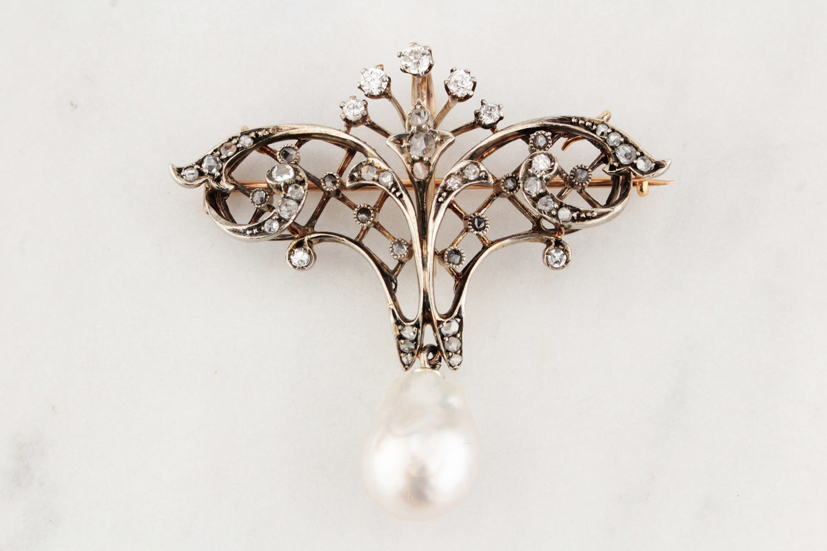 VICTORIAN c1880 DIAMOND &amp; PEARL BROOCH/PENDANT 9ct ROSE GOLD &amp; SILVER